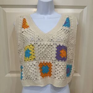 Rebellion Again Crochet‎ Squares Patchwork Cropped Tank Top Boho Hippie Size Med